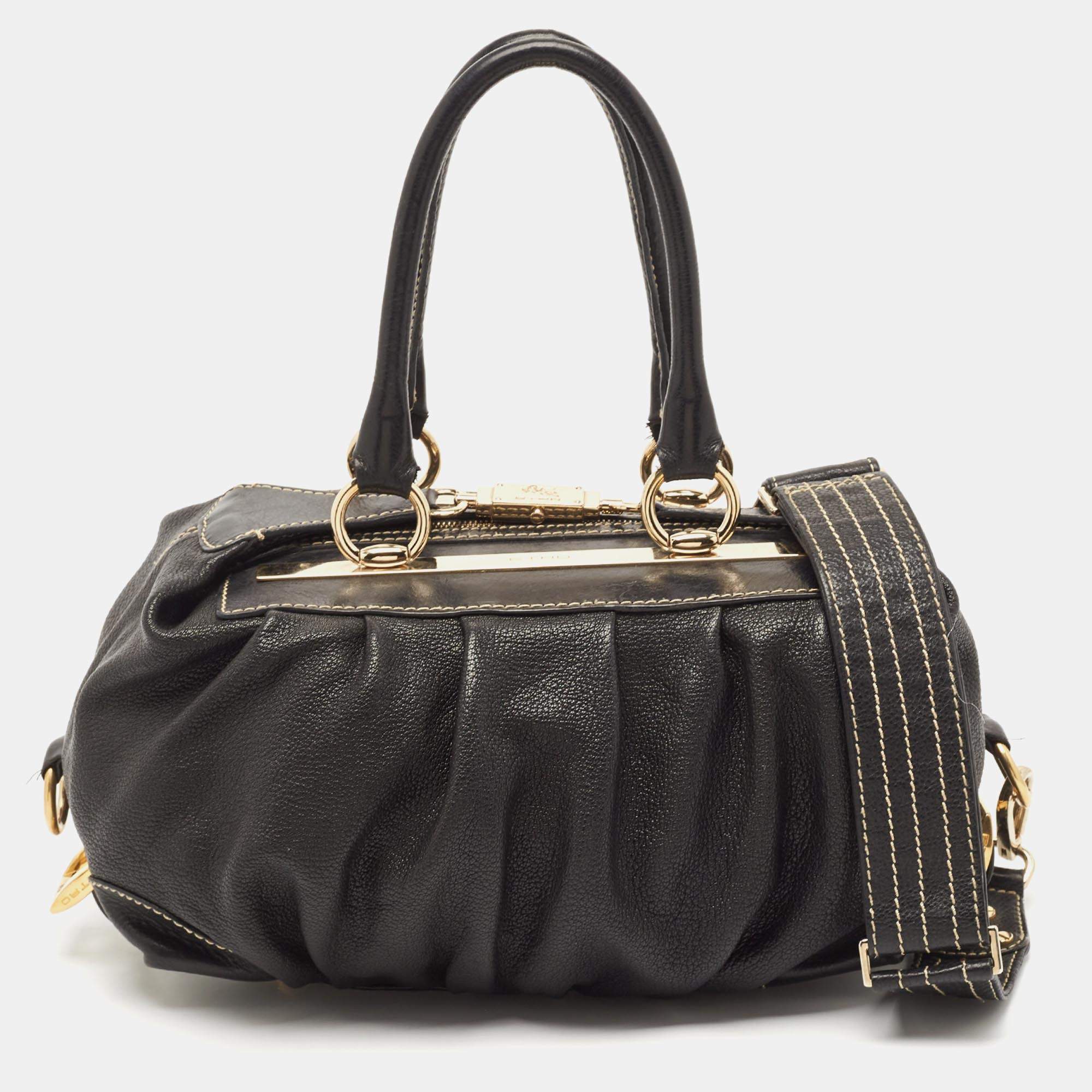 Etro Black Leather Pleated Shoulder Bag