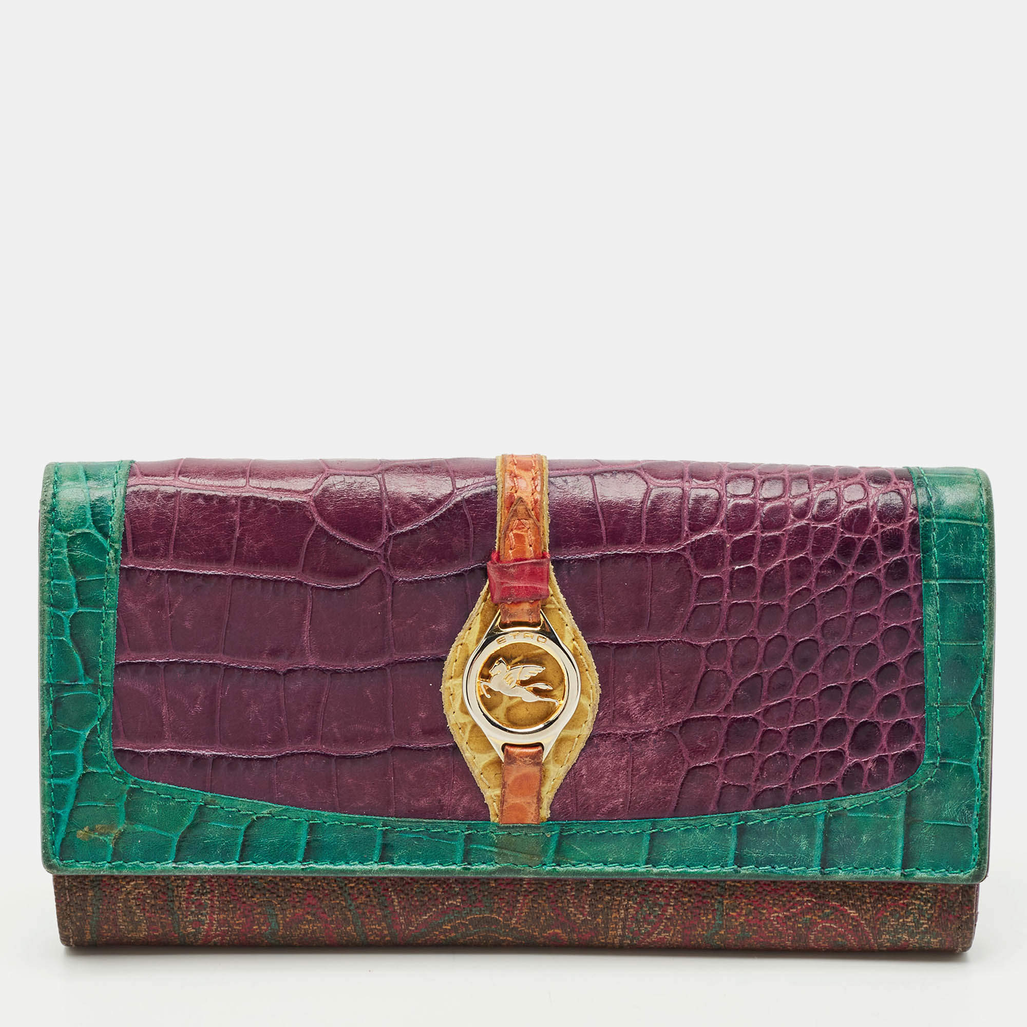 Pre Owned Etro Multicolor/Paisley Coated Canvas and Croc Embossed Logo Continental Wallet