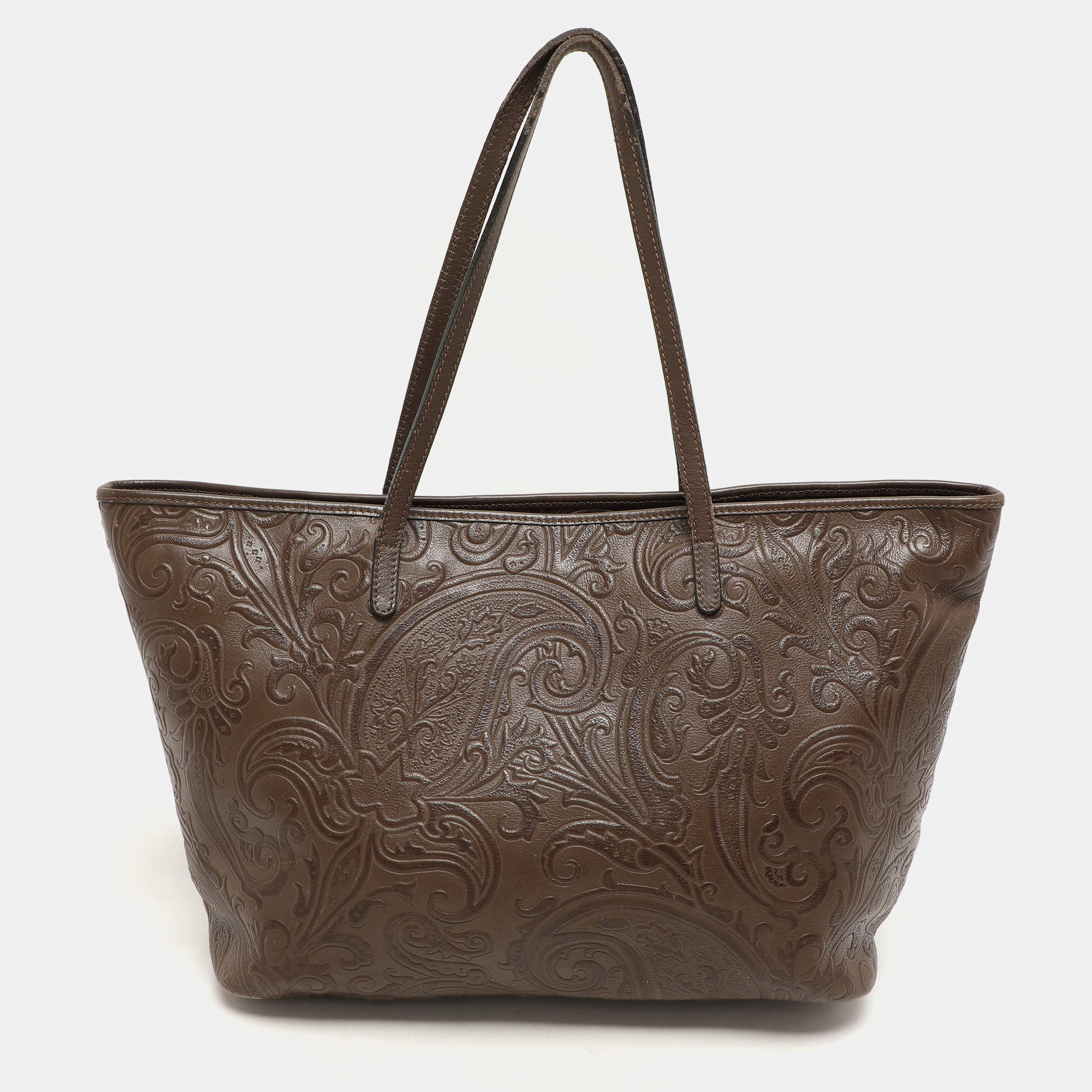 Pre Owned Etro Brown Paisley Embossed Leather Tote