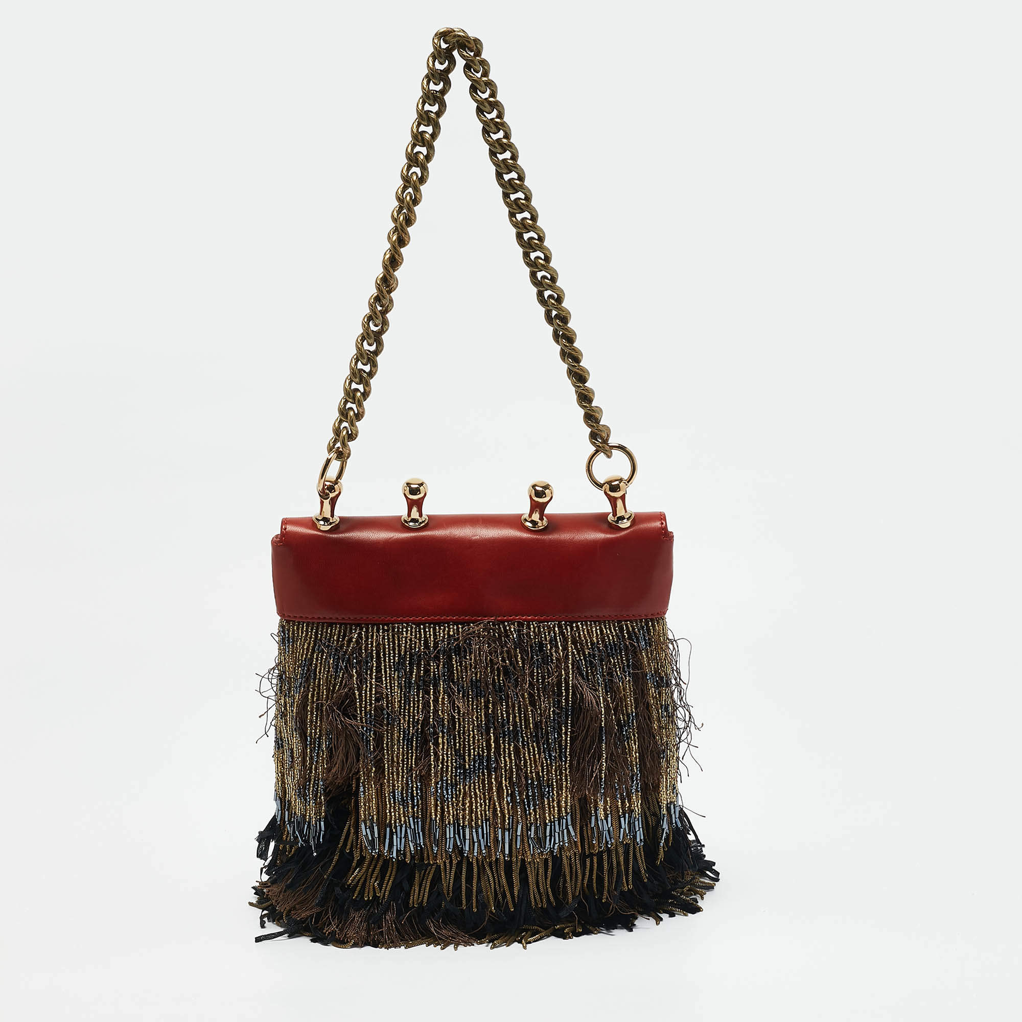 Etro Brick Brown/Gold Leather Beaded Fringe Shoulder Bag