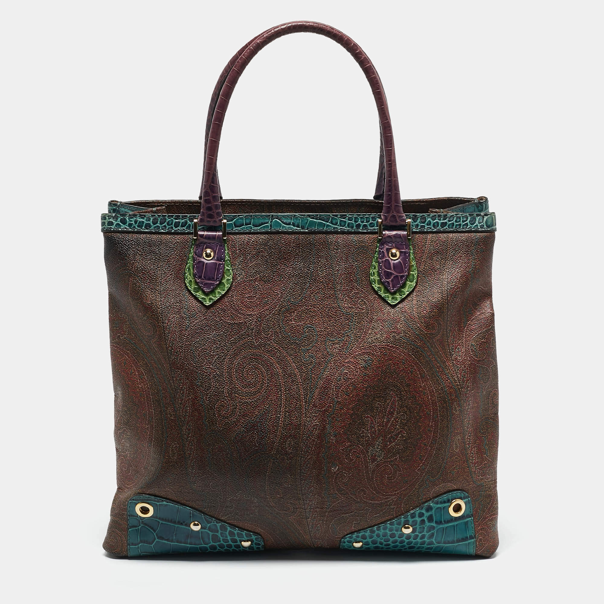 Etro Multicolor Paisley Print Coated Canvas and Croc Embossed Leather Tote