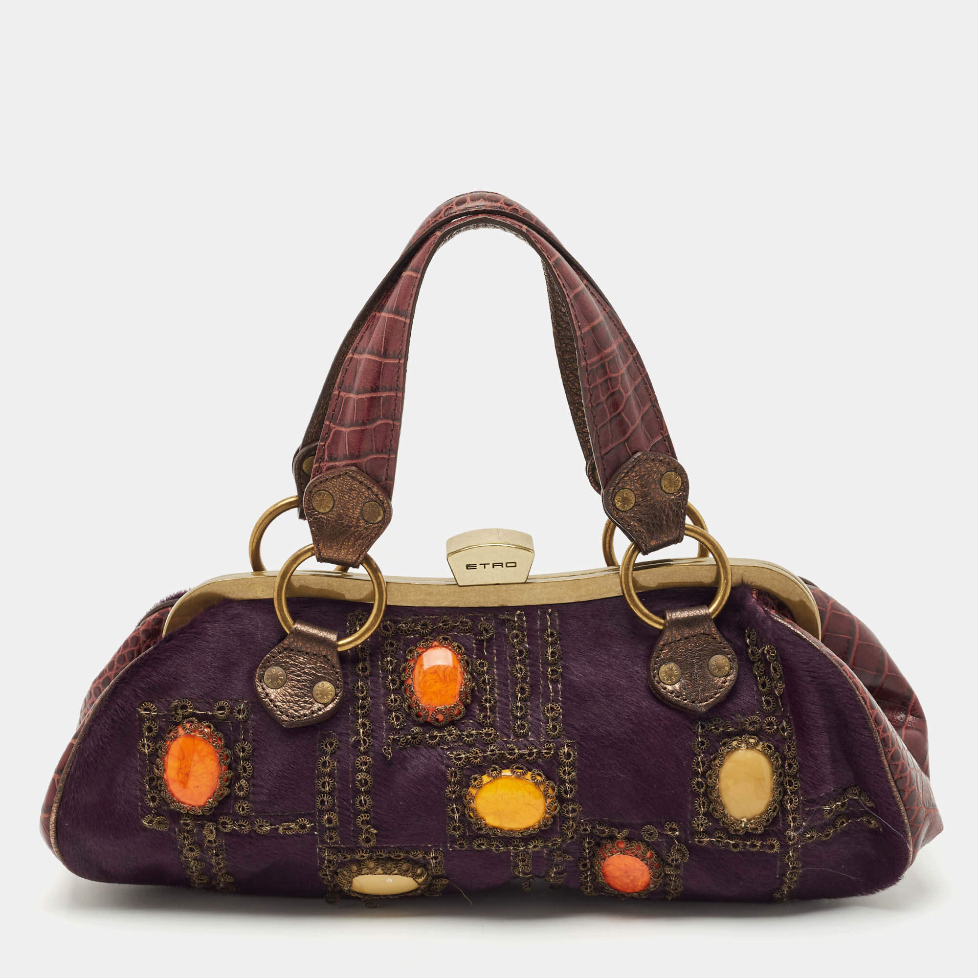 Pre Owned Etro Purple Calfhair and Croc Embossed Leather Embellished Frame Satchel