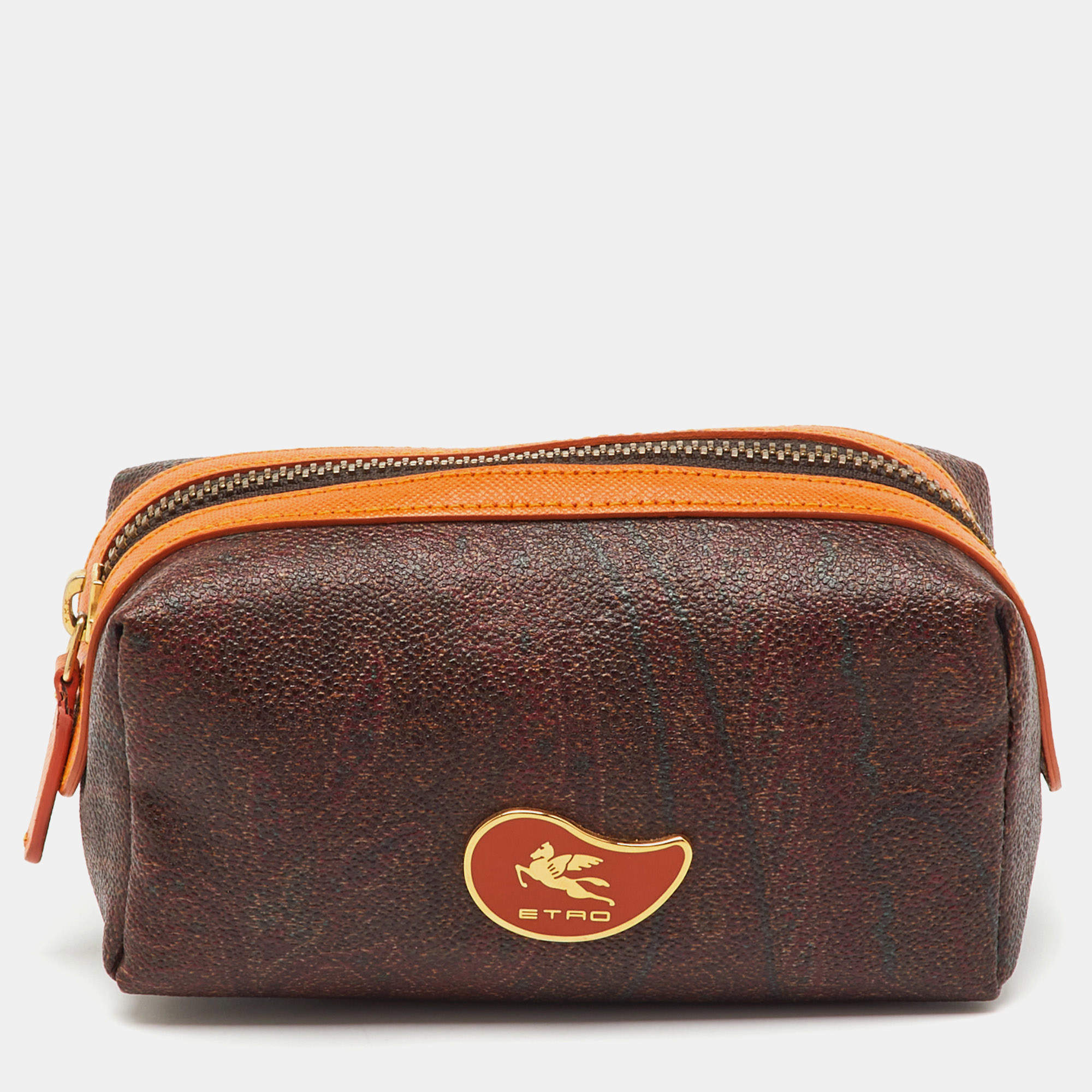 Pre Owned Etro Brown/Orange Paisley Print Coated Canvas Cosmetic Pouch