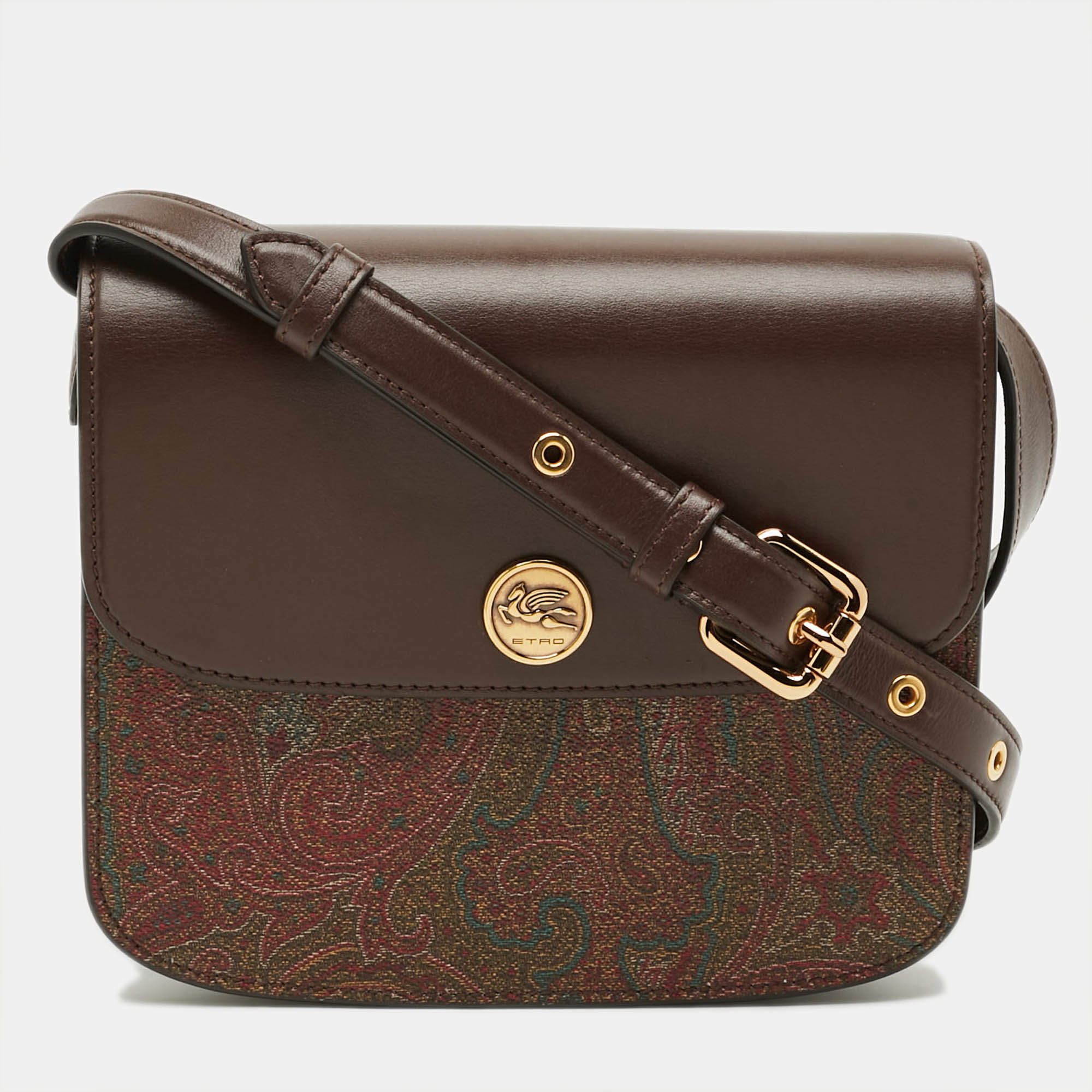 Pre Owned Etro Tracolla Brown Paysley Print Coated Canvas and Leather Crossbody Bag