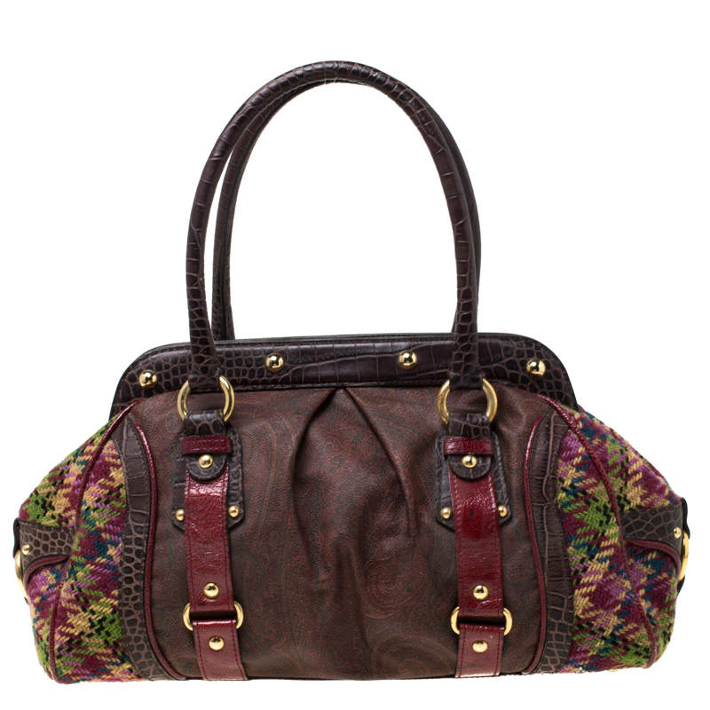 Etro Multicolor Paisley Coated Canvas,Croc Embossed Leather and Fabric Frame Satchel