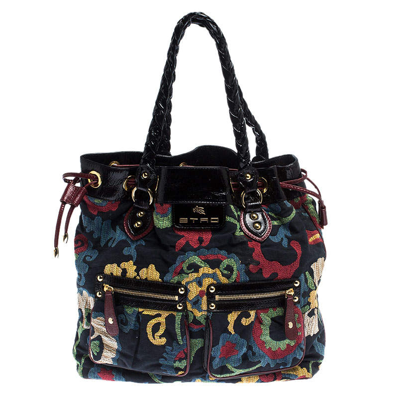 Pre Owned Etro Multicolor Floral Print Canvas and Patent Leather Tote