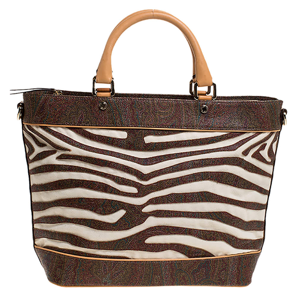 Pre Owned Etro Brown Paisley Printed Coated Canvas and Leather Tote