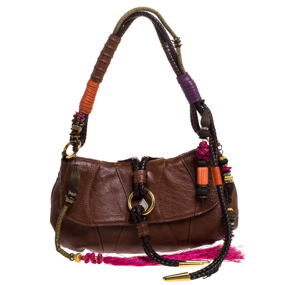 Pre Owned Etro Brown Leather Braided Handle Tassel Shoulder Bag
