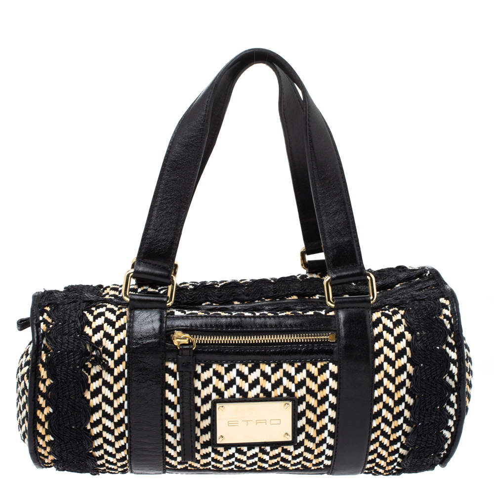 Pre Owned Etro Black/Beige Woven Straw and Leather Boston Bag