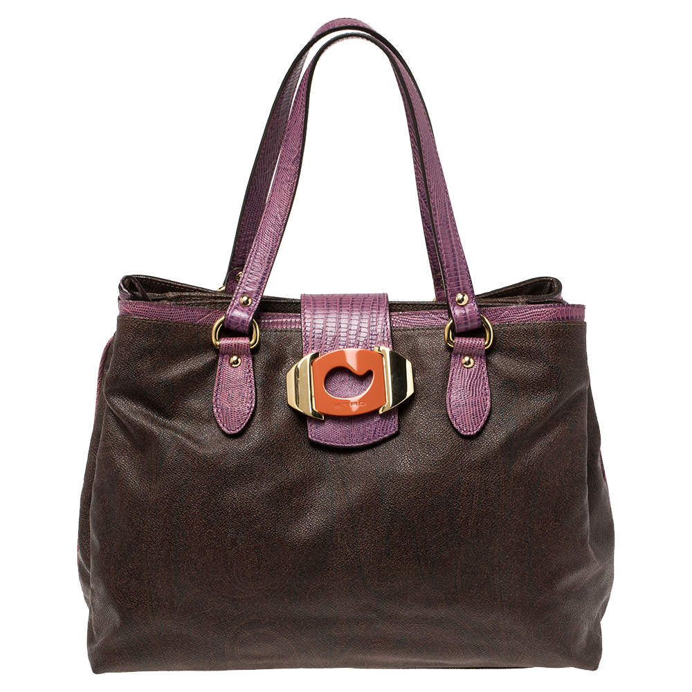 Pre Owned Etro Brown/Purple Paisley Printed Canvas and Lizard Embossed Leather Tote