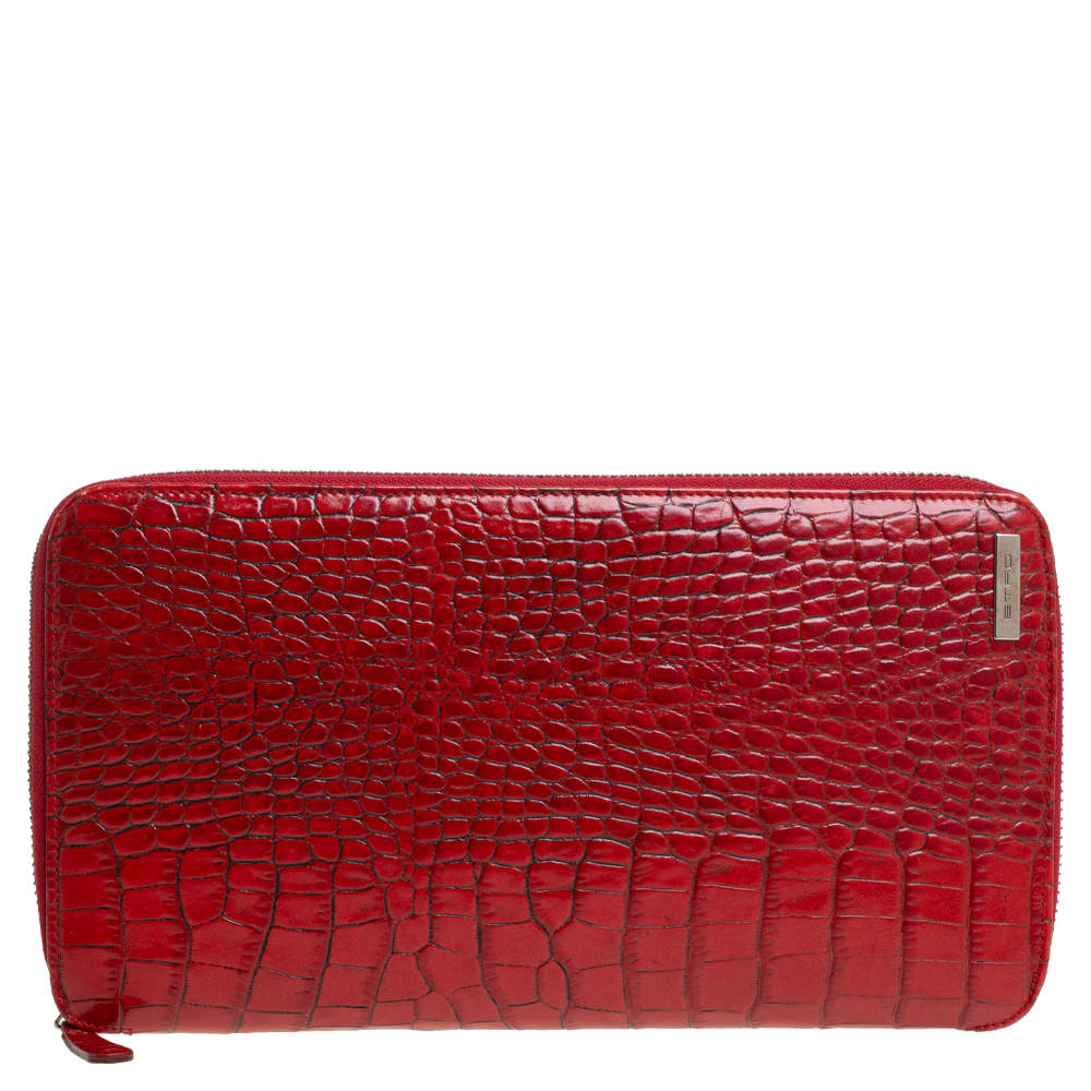 Etro Red Croc Embossed Leather Zip Around Organizer Wallet