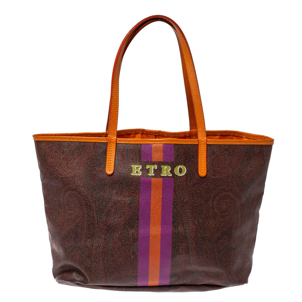 Pre Owned حقيبة يد إيترو شوبر صغيرة كانفاس مقوى مطيوع بايزلي برتقالب و بني 