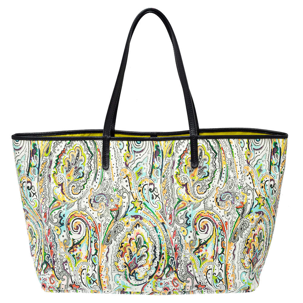 Pre Owned Etro White Mulitcolor Paisley Print Coated Canvas Tote