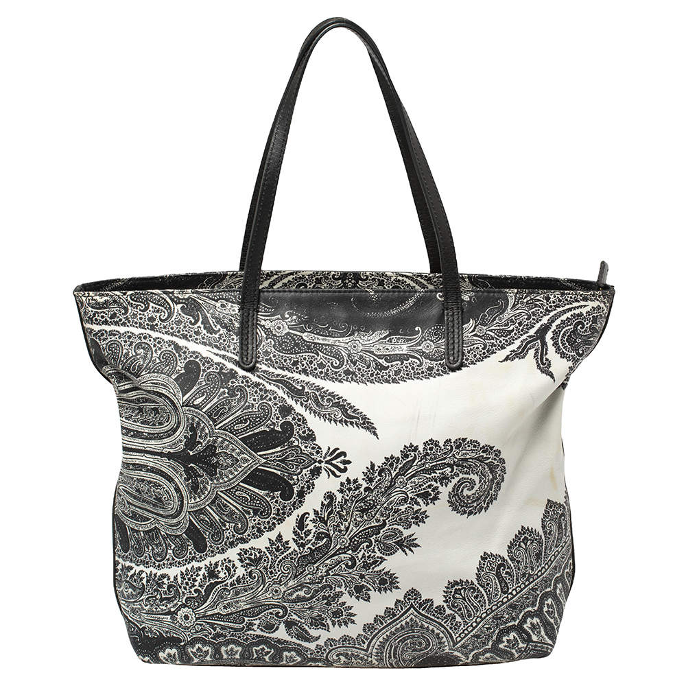 Pre Owned حقيبة يد إيترو سحاب جلد مطبوع بايزلي أبيض و أسود