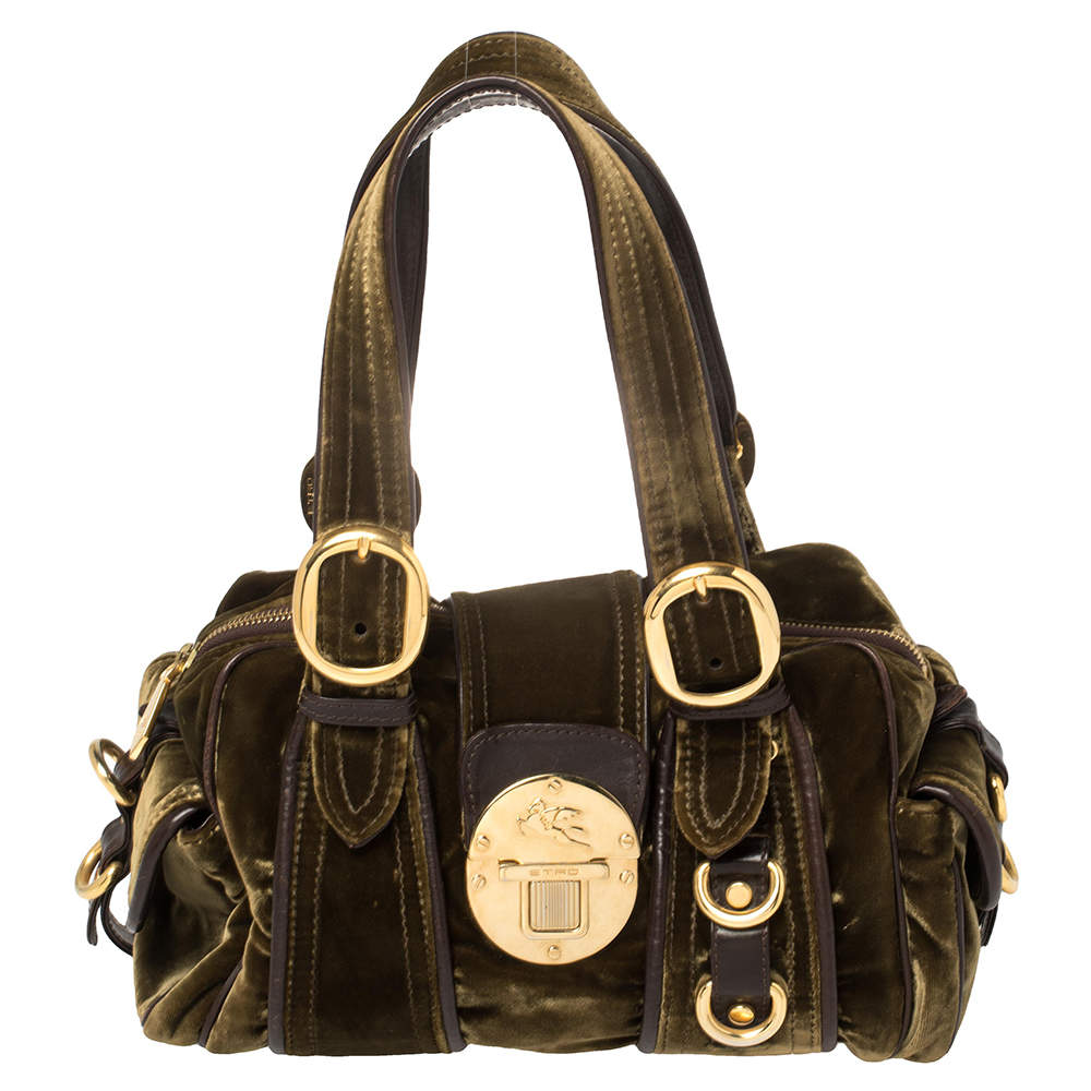 Pre Owned Etro Olive Green Velvet and Leather Buckle Flap Satchel
