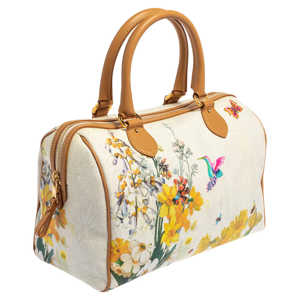 Etro Multicolor Floral Print Coated Canvas and Leather Boston Bag Etro