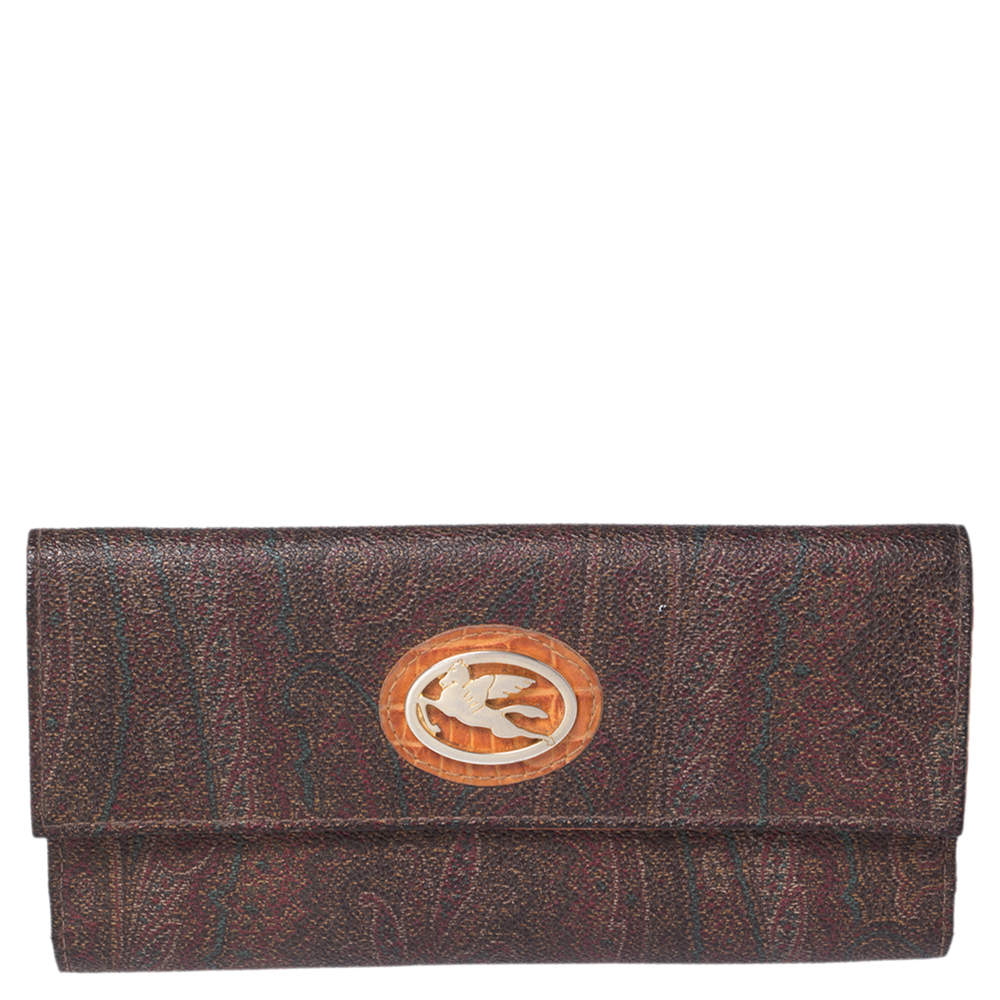 Etro Brown Paisley Coated Canvas Trifold Continental Wallet 