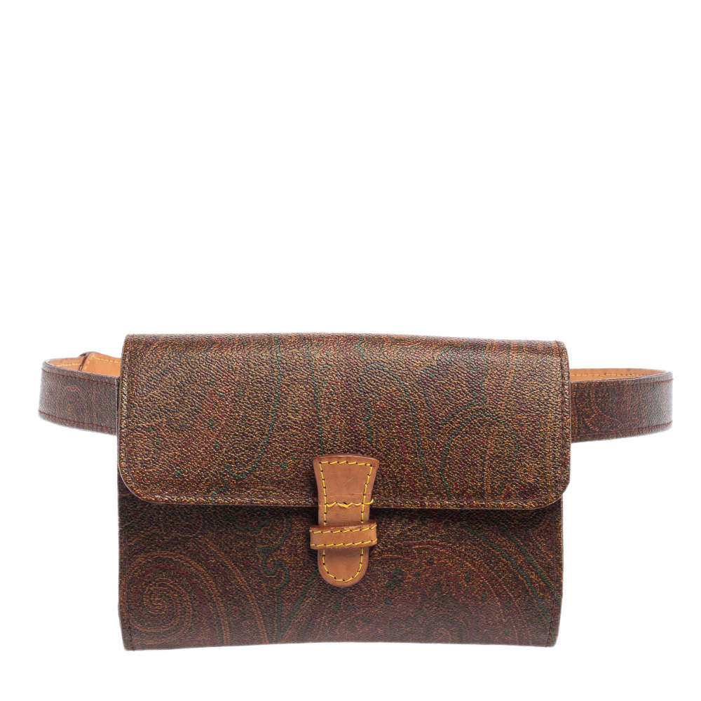 Pre Owned Etro Brown Paisley Coated Canvas and Leather Trim Belt Bag