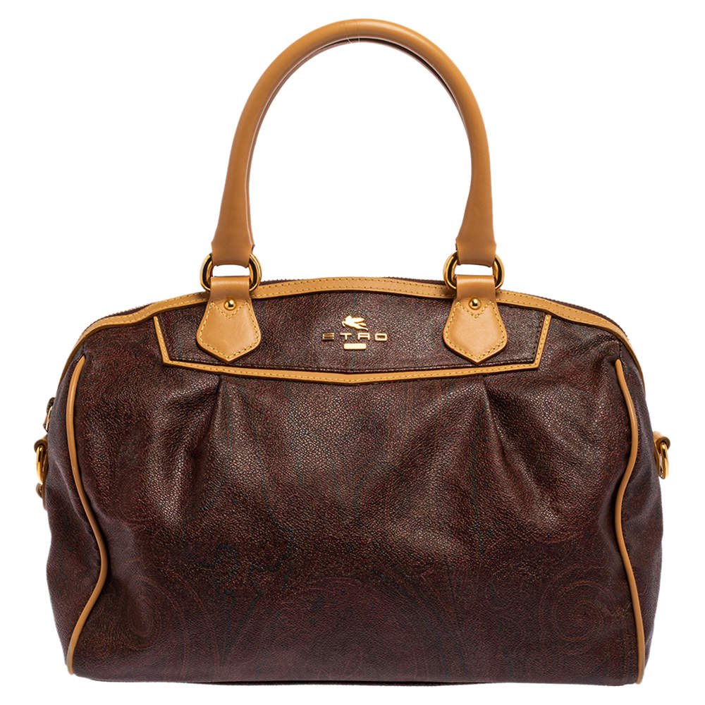 Pre Owned Etro Brown Paisley Printed Coated Canvas Boston Bag