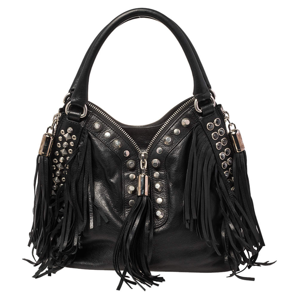 Etro Black Leather Studded Fringe Shoulder Bag