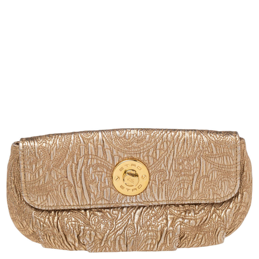 Pre Owned Etro Metallic Gold Paisley Embossed Leather Clutch