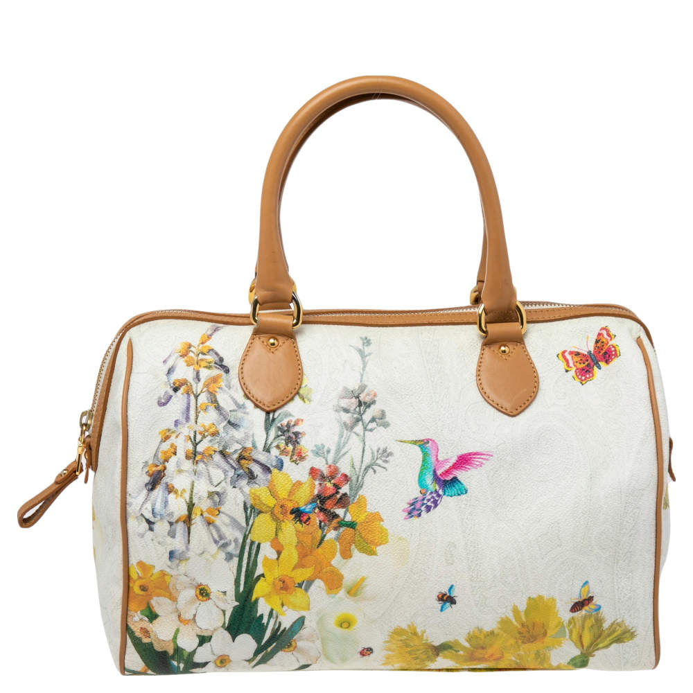 Pre Owned Etro Multicolor Floral Print Coated Canvas and Leather Boston Bag
