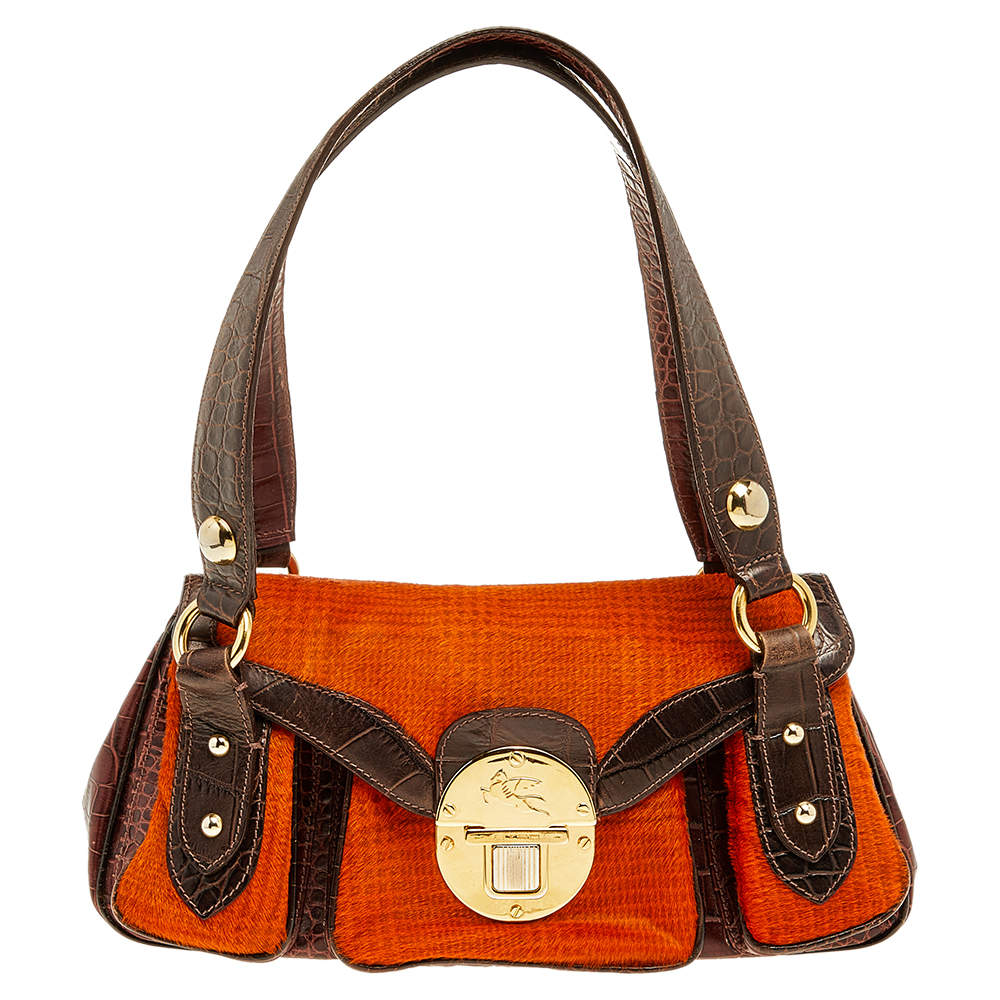 Pre Owned Etro Brown/Orange Croc Embossed Leather And Fur Buckle Flap Shoulder Bag