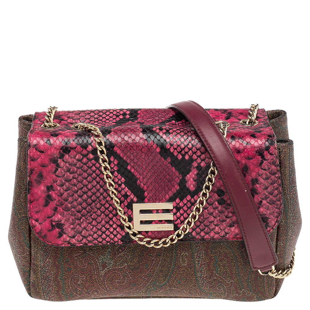 Pre Owned Etro Multicolor Paisley Canvas and Python Embossed Leather Shoulder Bag