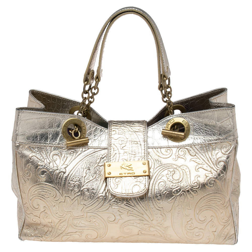 Pre Owned Etro Metallic Gold/Silver Paisley Embossed Leather Tote