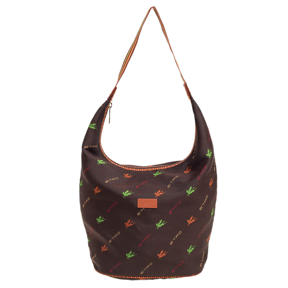 Pre Owned Etro Brown Fabric Logo Embroidered Hobo