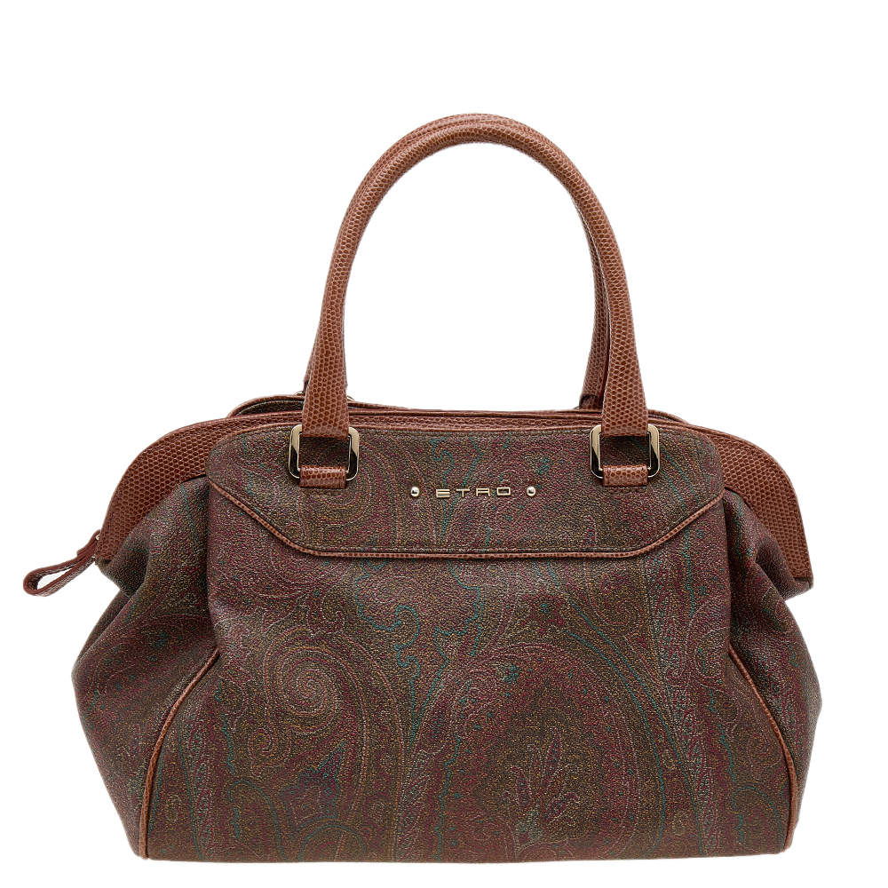 Pre Owned Etro Brown Paisley Coated Canvas and Lizard Embossed Leather Satchel