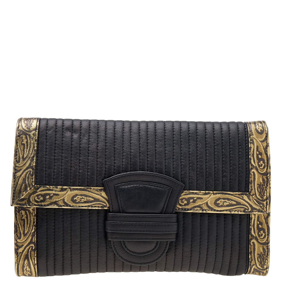 Pre Owned Etro Black/Gold Printed Leather Flap Clutch