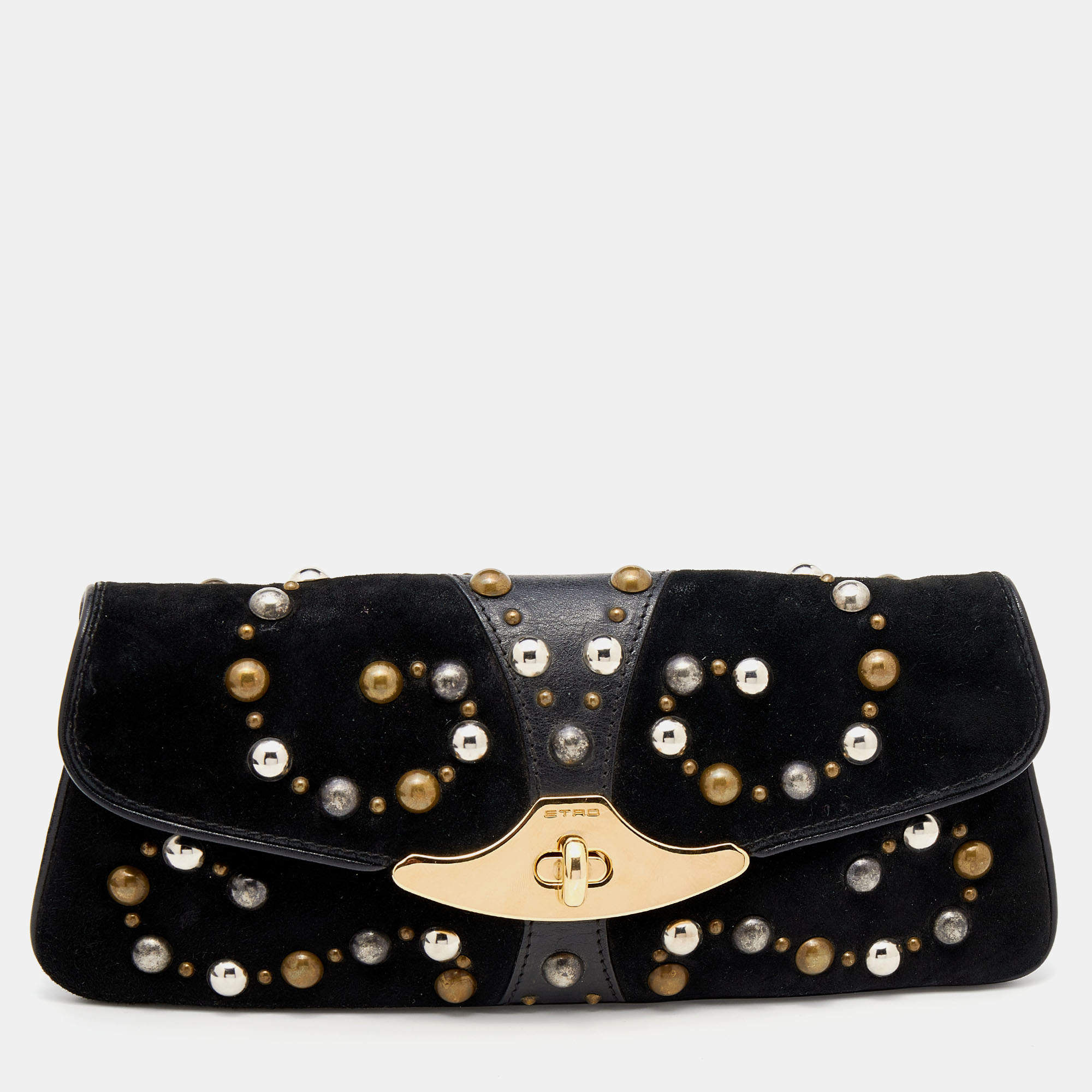 Pre Owned Etro Black Suede Embellished Turnlock Clutch