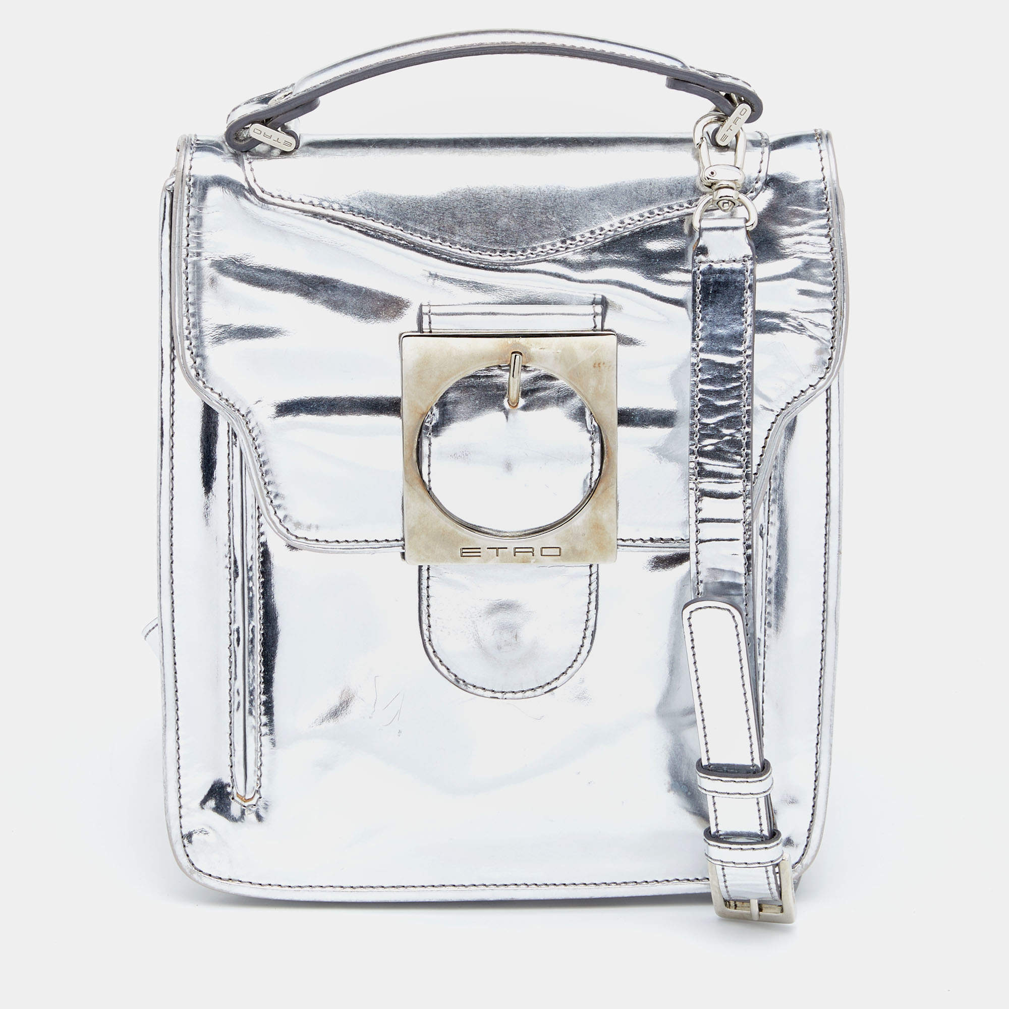 Pre Owned Etro Metallic Silver Leather Flap Crossbody Bag