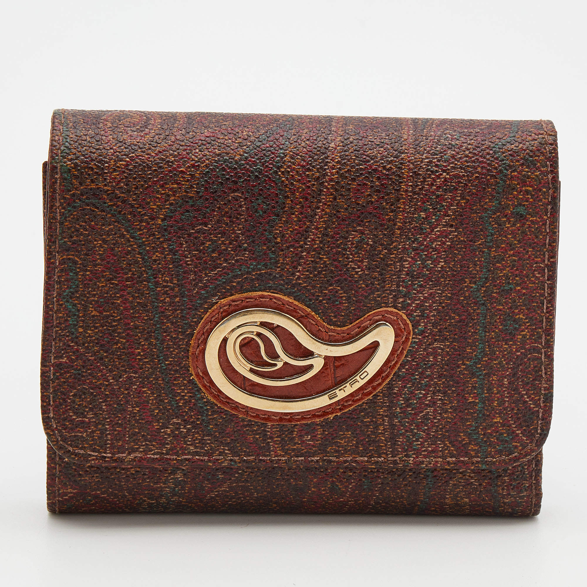 Pre Owned Etro Brown Paisley Printed Coated Canvas Compact Wallet
