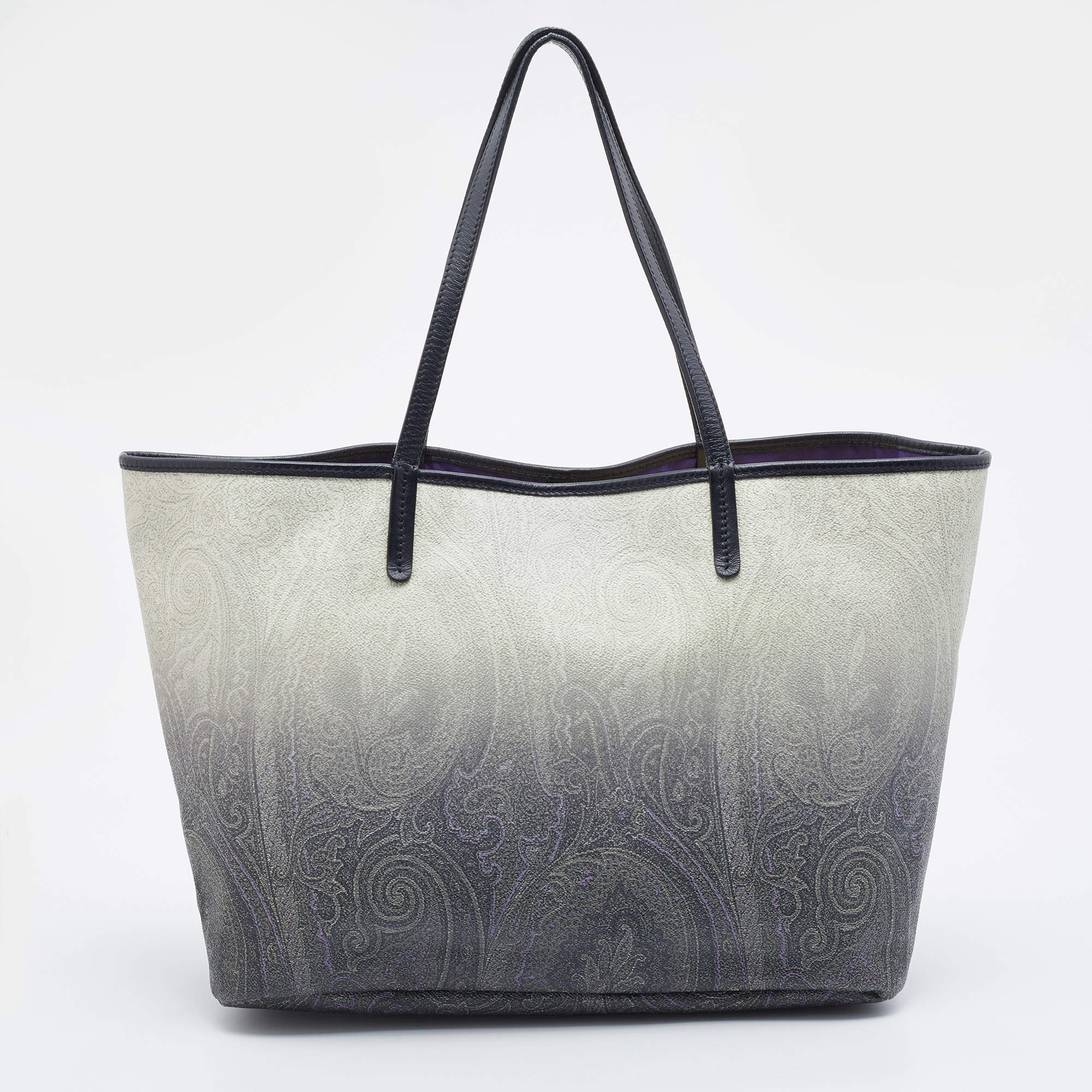 مملوكة مسبقًا Etro Ombre Black/White Paisley Print Coated Canvas and Leather Shopper Tote 