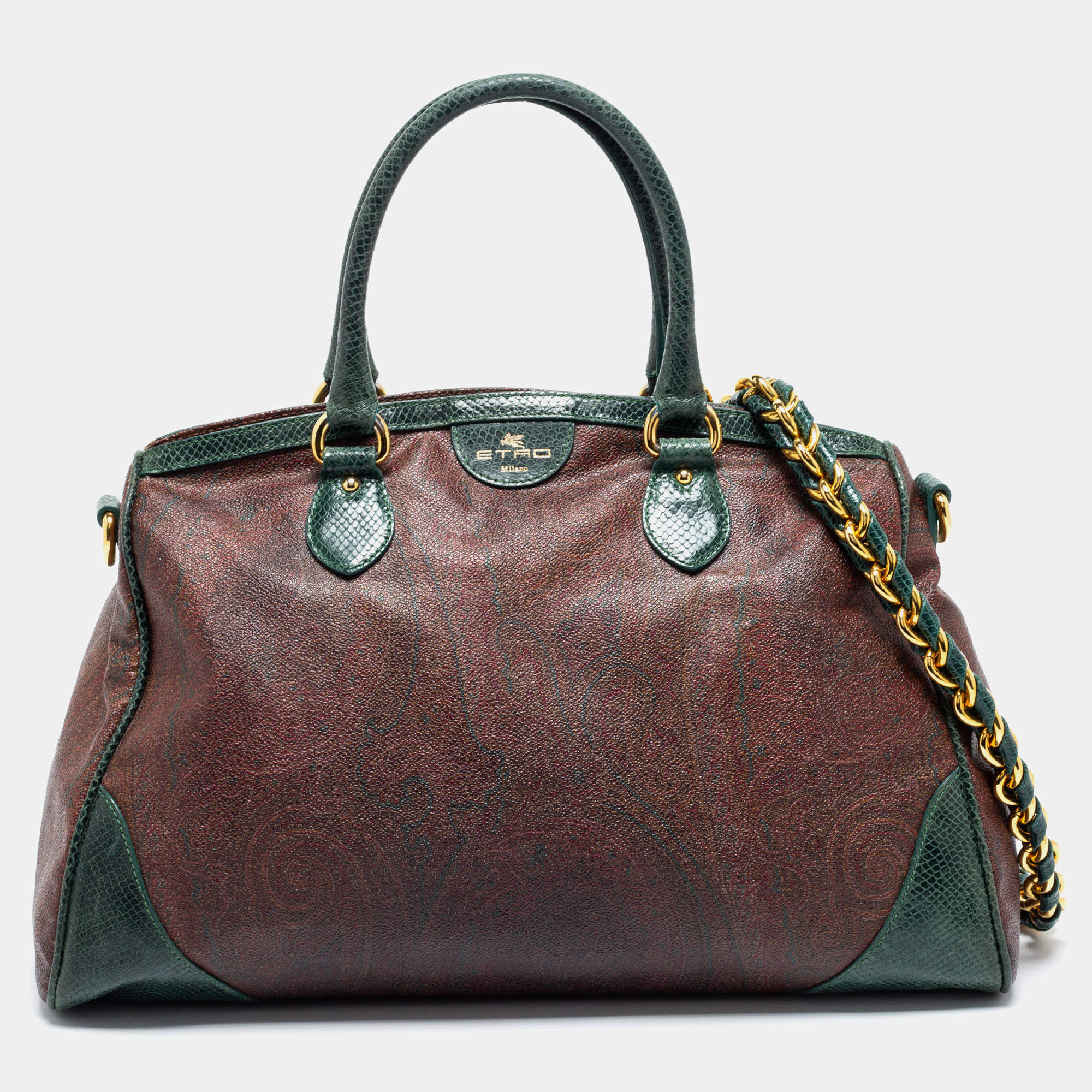 Pre Owned Etro Green/Brown Paisley Print Coated Canvas and Snakeskin Embossed Leather Chain Boston Bag