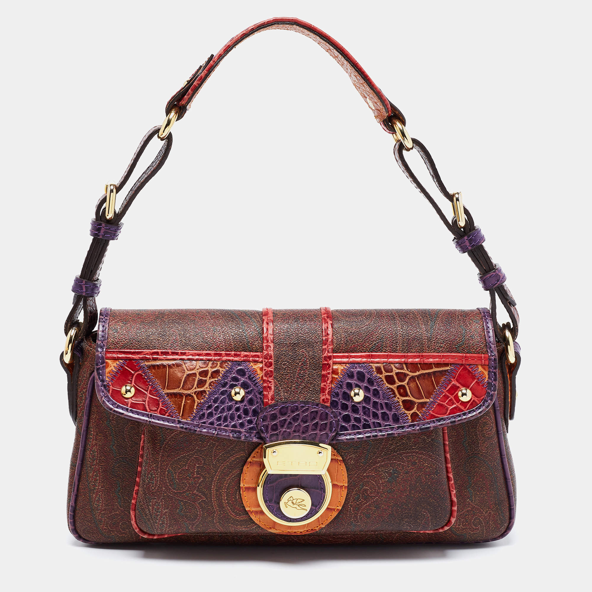 Pre Owned Etro Multicolor Paisley Printed Croc Embossed Leather Shoulder Bag