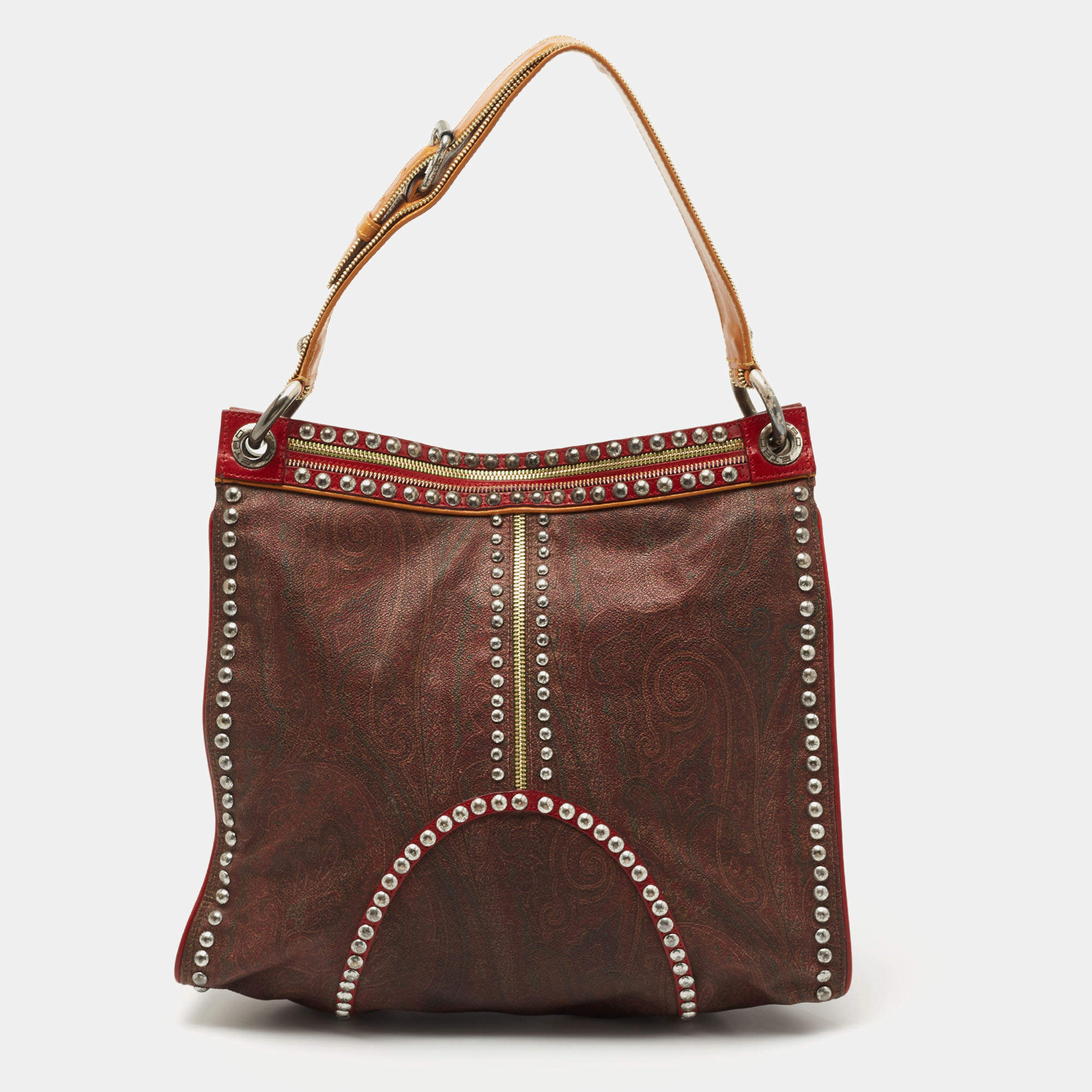 Pre Owned Etro Brown/Red Paisley Coated Canvas and Leather Studded Hobo