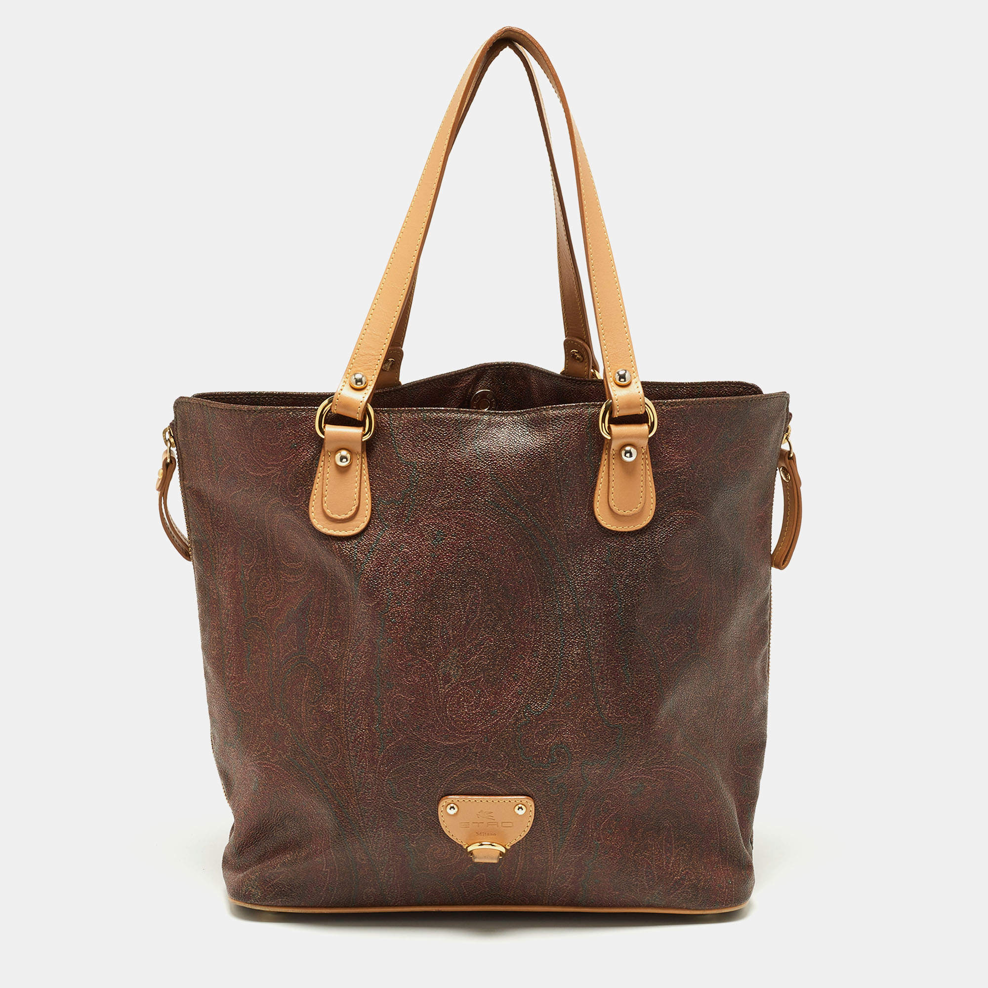 Pre Owned Etro Brown/Tan Paisley Coated Canvas and Leather Tote