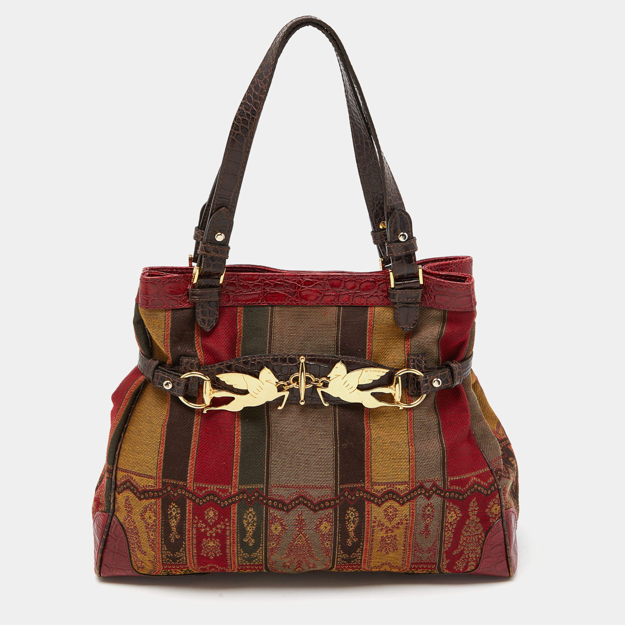Etro Multicolor Printed Canvas and Croc Embossed Leather Shoulder Bag