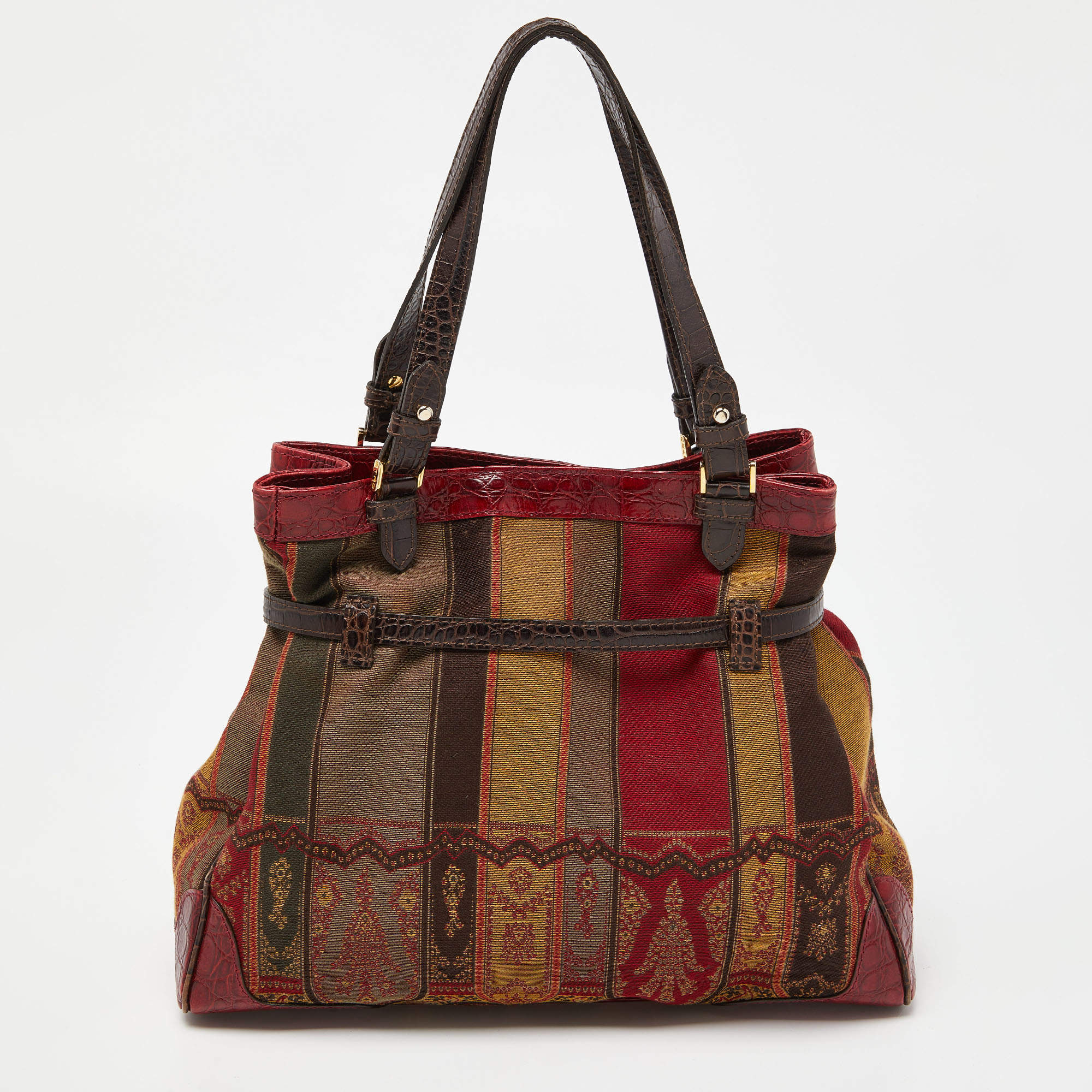 Etro Tan Leather and Paisley Printed Canvas Bag Vintage