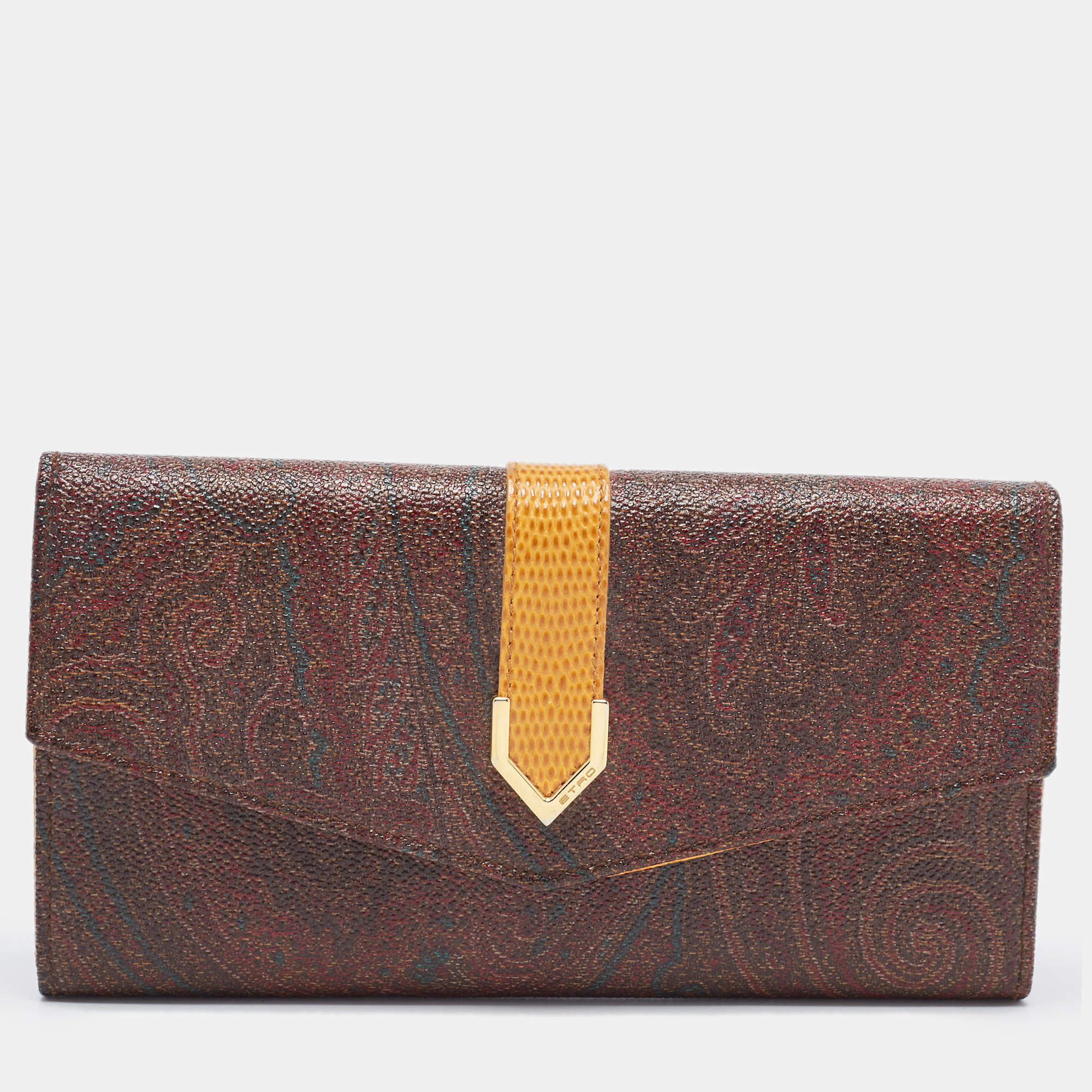 Pre Owned Etro Brown/Mustard Paisley Print Coated Canvas and Leather Flap Continental Wallet