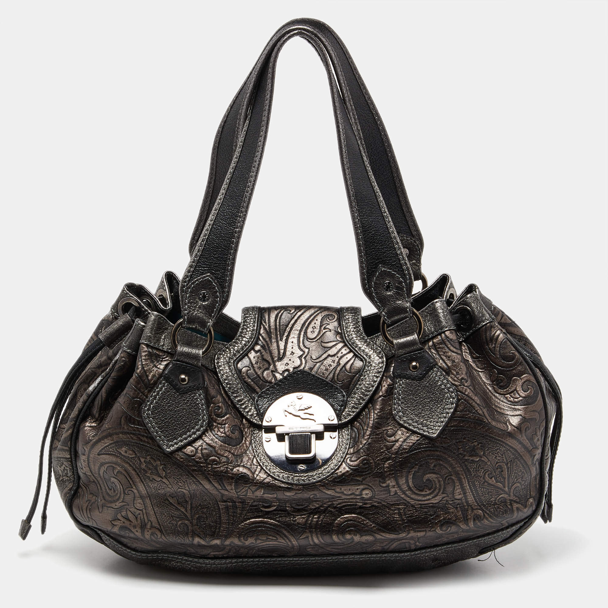 Pre Owned Etro Metallic Paisley Embossed Leather Drawstring Hobo