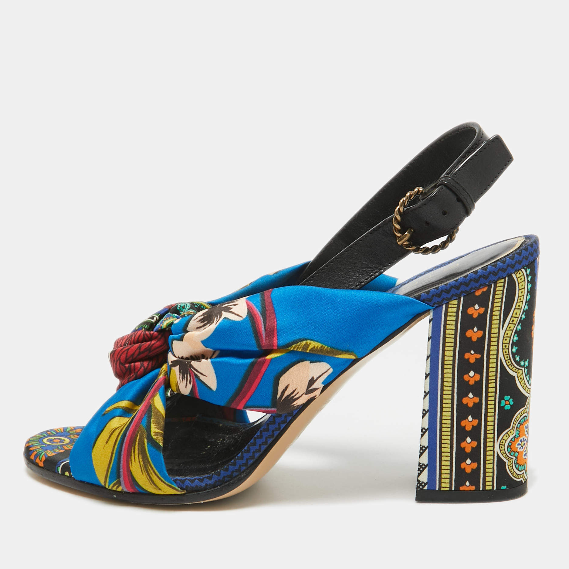 Etro Multicolor Printed Satin and Leather Knotted Slingback Sandals Size 41