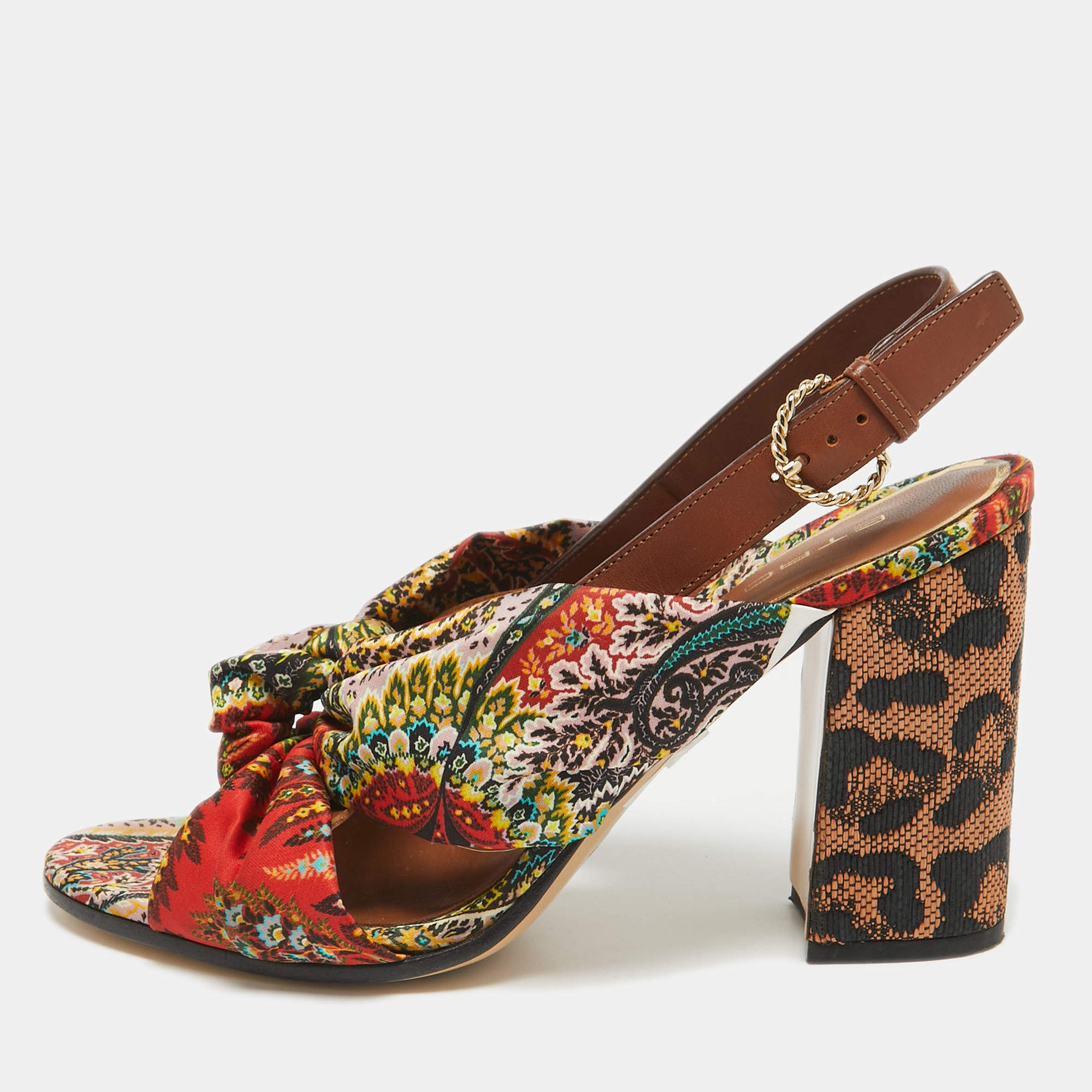 Etro Multicolor Printed Satin and Leather Knotted Slingback Sandals Size 41