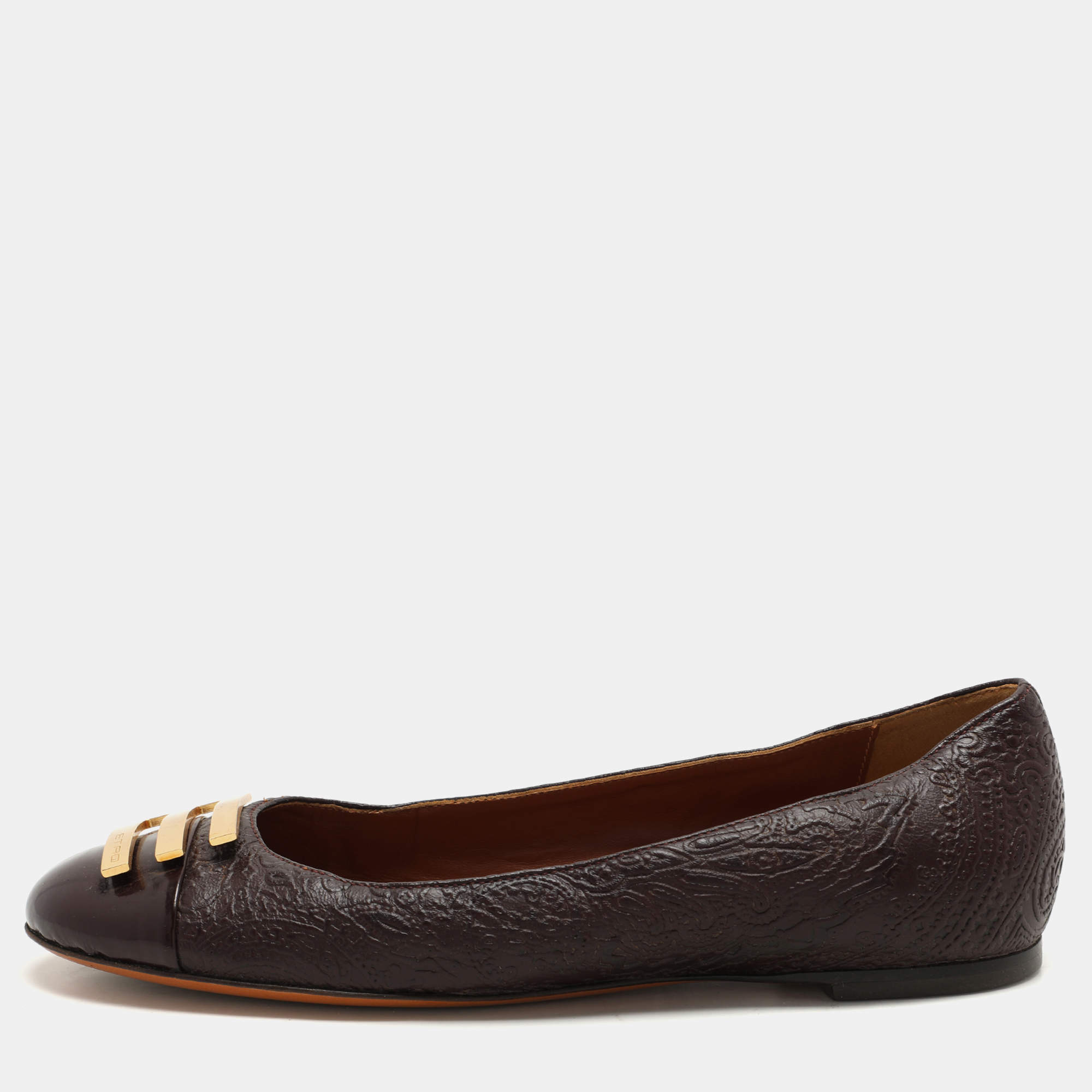 Etro Brown Embossed Leather Embellished Cap Toe Ballet Flats Size 40