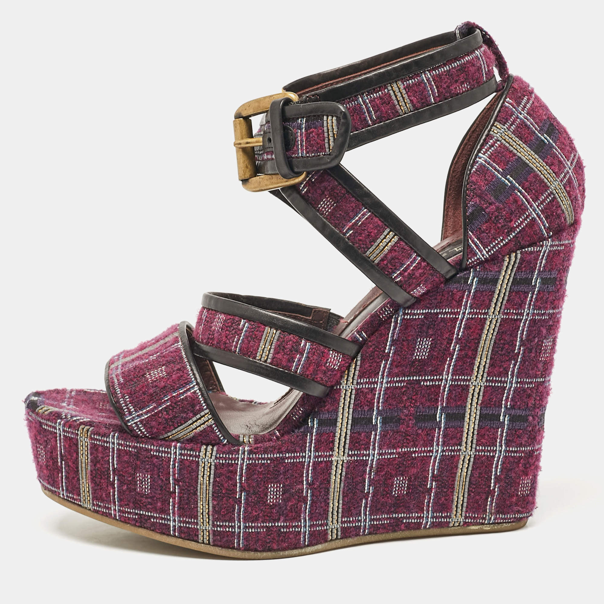Etro Magenta Pink/Black Tweed and Leather Platform Wedge Sandals Size 40