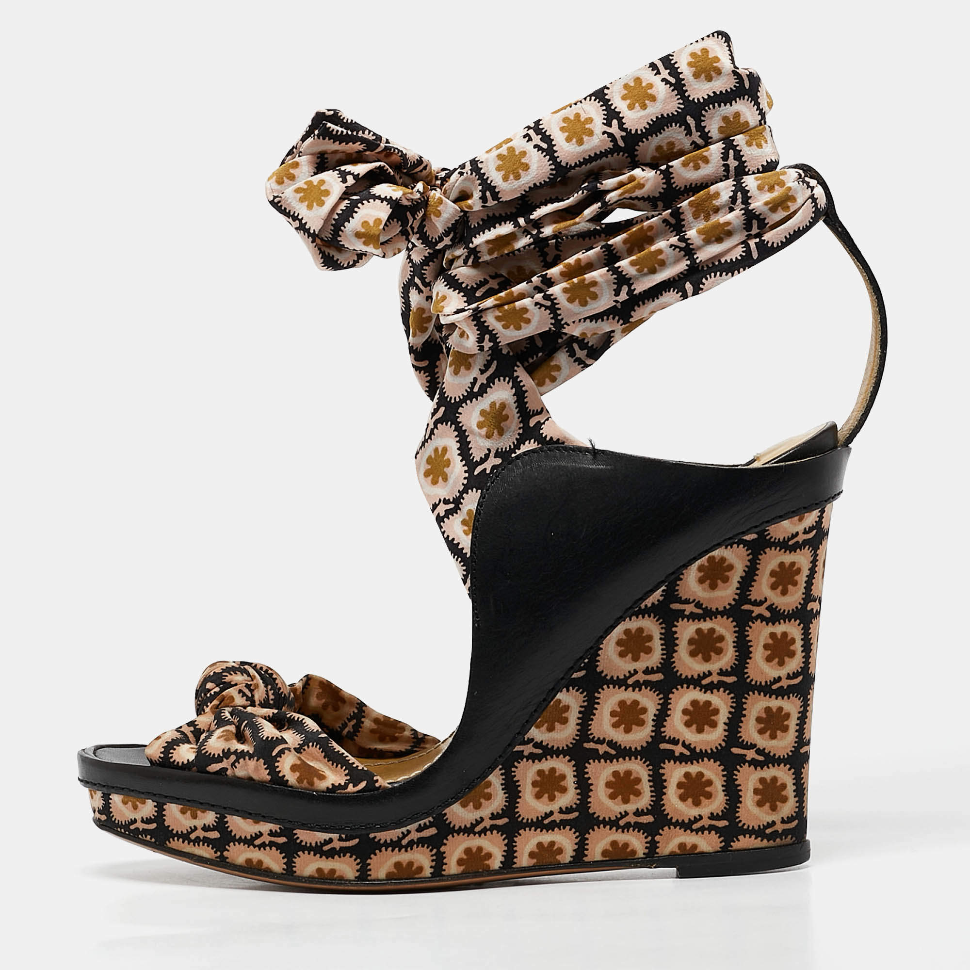 Etro Beige/Black Fabric and Leather Wedge Ankle Wrap Sandals Size 37