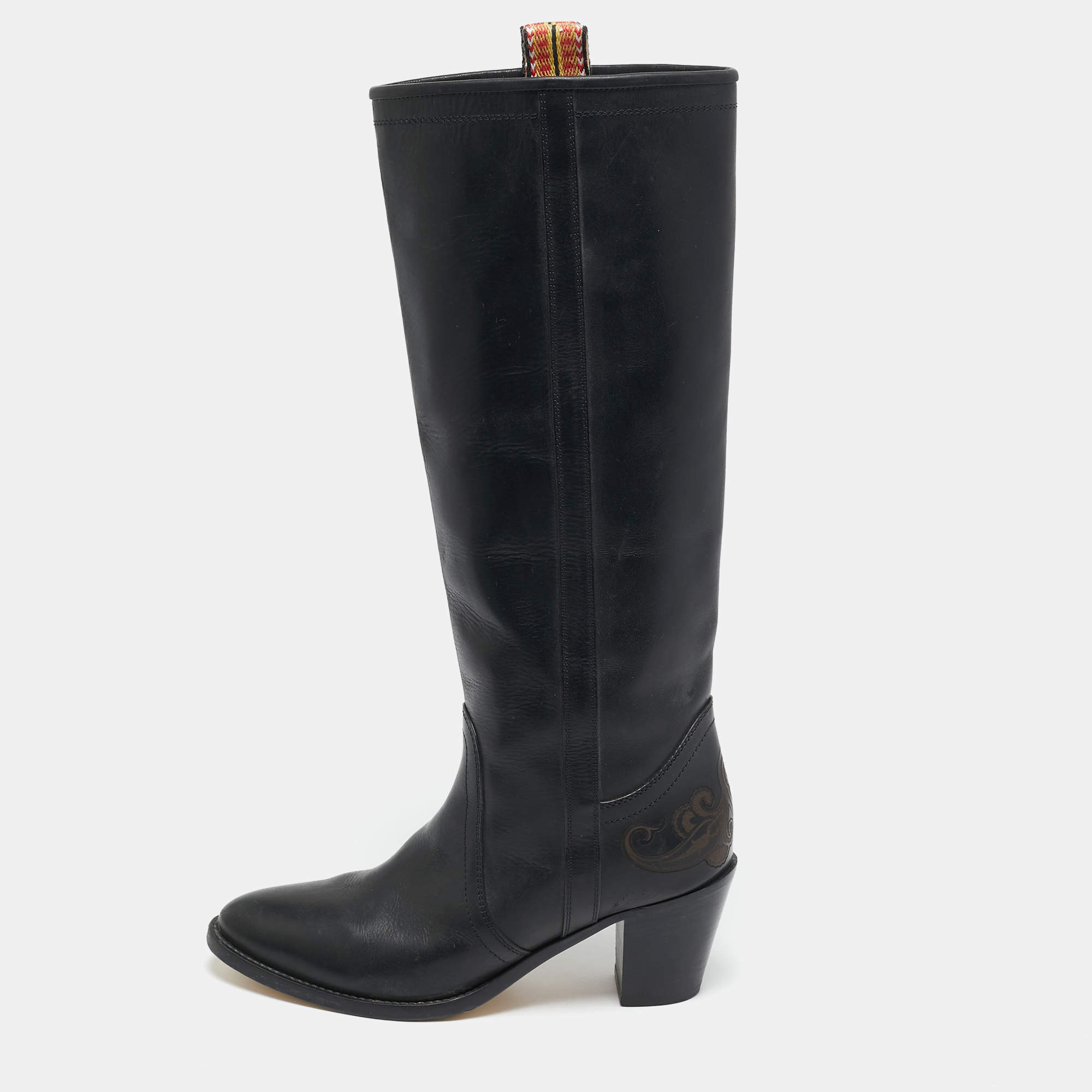 Etro Black Leather Western Carving Cowboy Knee Length Boots Size 40